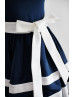 Navy Blue Ivory Satin Stripes U Back Flower Girl Dress